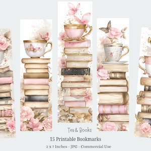 Tea and Books Printable Bookmarks, 15 Beautiful Shabby Chic Bookmarks, Fussy Cuts, Digital Download