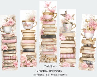 Tea and Books Printable Bookmarks, 15 Beautiful Shabby Chic Bookmarks, Fussy Cuts, Digital Download