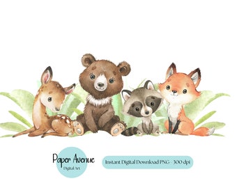 Cute Woodland Animals PNG, Forest Fox, Bear, Deer (Digital Download)
