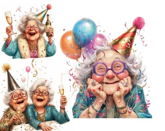 Quirky Old Women Clipart, Birthday Party Celebration Digital Download