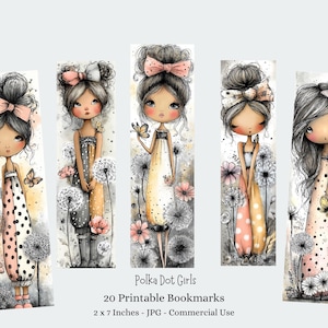 Può includere: Set di cinque segnalibri illustrati con ragazze in abiti a pois e fiocchi, circondate da denti di leone e farfalle. Il testo "Polka Dot Girls" e "20 Printable Bookmarks" è visibile. Ogni segnalibro misura 5 cm x 18 cm.