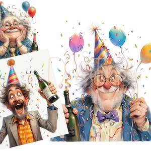 Quirky Old Men Clip Art 16 JPG ad alta risoluzione per acquerelli, diario spazzatura, scrapbooking, creazione di biglietti, download digitale, festa di compleanno