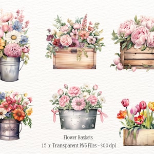 15 aquarel bloem png, wilde bloemen clipart, bloemen in rustieke manden, floral clipartafbeeldingen commercieel gebruik, papier ambacht, ongewenste dagboek