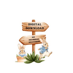 May include: A wooden sign with two arrows pointing in different directions. The top arrow says "DIGITAL DOWNLOAD" and the bottom arrow says "NO PHYSICAL DELIVERIES". Two brown rabbits are standing near the sign, one is holding a carrot and the other is wearing a blue shirt.