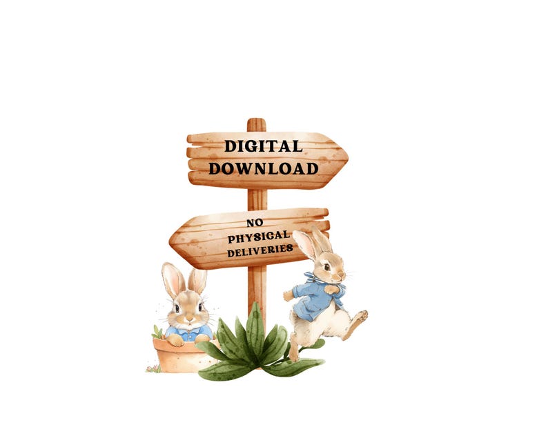 May include: A wooden sign with two arrows pointing in different directions. The top arrow says "DIGITAL DOWNLOAD" and the bottom arrow says "NO PHYSICAL DELIVERIES". Two brown rabbits are standing near the sign, one is holding a carrot and the other is wearing a blue shirt.