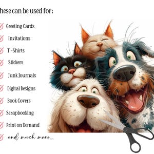 May include: A digital illustration featuring a group of cartoon animals, including cats and dogs, with scissors in the foreground. Text above lists uses for the image: greeting cards, invitations, t-shirts, stickers, and more.