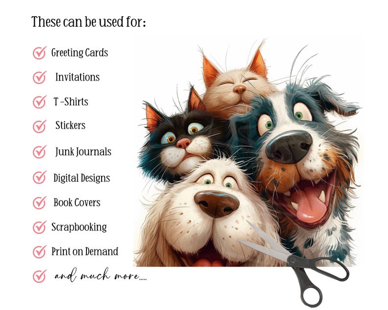 May include: A digital illustration featuring a group of cartoon animals, including cats and dogs, with scissors in the foreground. Text above lists uses for the image: greeting cards, invitations, t-shirts, stickers, and more.