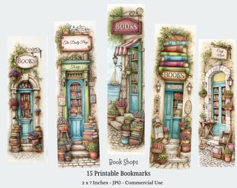 Bookshops Printable Bookmarks, 15 Beautiful Vintage Bookshop Bookmarks, Fussy Cuts, Digital Download