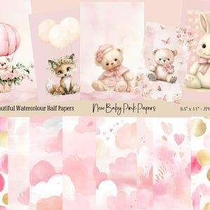 Sfondi per album di ritagli acquerellati rosa per neonati, carte digitali per neonati, ricordi di bambini, colori rosa, simpatici animali, carte digitali per baby shower