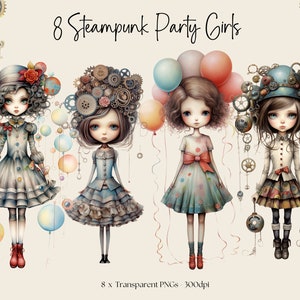 Dolls clipart, nursery clipart, girl&#39;s birthday, Scrapbook, Junk Journal, ephemera, Dolls PNG Steampunk Girls PNG Watercolour Clip Art