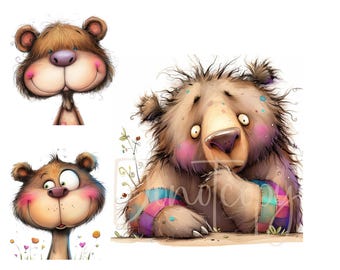 May include: Two cartoon bears with brown fur, one with pink cheeks and a big smile, the other with a worried expression and a colourful bandage on its arm.