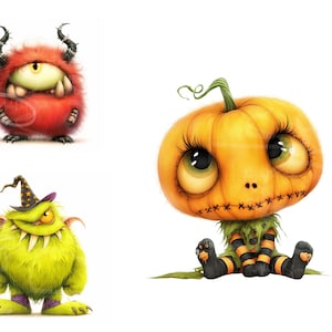 Halloween Clip Art Bundle 12 High Res Watercolour JPGs Junk Journaling, Scrapbook, Crafts, Digital Download, Halloween Fantasy Cute Monsters