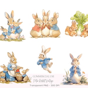 May include: A set of six digital illustrations featuring Peter Rabbit characters. The illustrations depict Peter Rabbit and his family in various poses, including a family of rabbits holding each other, a family of rabbits holding a basket, and a single rabbit standing on its hind legs. The illustrations are in a vintage style and are perfect for use in scrapbooking, card making, and other craft projects.