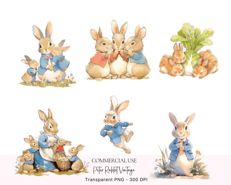 May include: A set of six digital illustrations featuring Peter Rabbit characters. The illustrations depict Peter Rabbit and his family in various poses, including a family of rabbits holding each other, a family of rabbits holding a basket, and a single rabbit standing on its hind legs. The illustrations are in a vintage style and are perfect for use in scrapbooking, card making, and other craft projects.