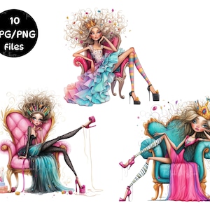 Quirky Girls Clip Art 10 High Res Watercolour PNG/JPGs Junk Journaling Scrapbooking Card Making Digital Download, Fashion Clipart, Ephemera