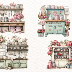 vintage floral kitchen scene clipart set graphic by... Vintage Floral Kitchen Clipart, 25 Transparent PNG, Paper Craft, Junk ...