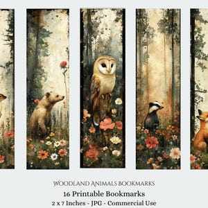 May include: Five vertical bookmarks with woodland animal illustrations. Each bookmark depicts a different animal: a deer, bear, owl, badger, and fox, set in a forest scene with flowers. The text "WOODLAND ANIMALS BOOKMARKS" is visible. Each bookmark is 5.08 cm x 17.78 cm.