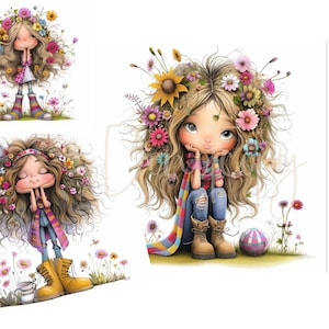 Quirky Girls Clip Art 16 High Res Watercolor JPGs Junk Journaling, Scrapbooking, Card Making, Digital Download, Flower Girls Clipart Fantasy