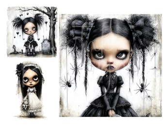 May include: Watercolor illustrations of gothic-style dolls. One doll is in a black dress with spiders, another in a black outfit, and the third in a white dress with a veil. The dolls have large eyes and dark hair.