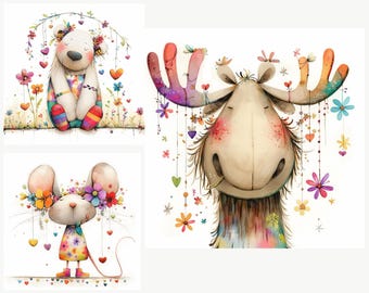May include: Watercolour illustrations of whimsical animals: a bear, a moose, and a mouse. The bear is white with colourful accents, the moose has rainbow antlers, and the mouse wears a floral dress. All are adorned with flowers and hearts.