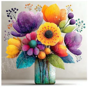 Vase original de fleurs Clip Art, 10 cliparts JPG aquarelle, journal indésirable, scrapbooking, fabrication de cartes, téléchargement numérique, fleur lunatique fantastique