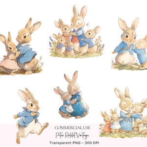 May include: A set of six digital illustrations featuring Peter Rabbit and friends. The illustrations are in a vintage style and feature the characters in various poses. The illustrations are perfect for use in scrapbooking, card making, and other craft projects.