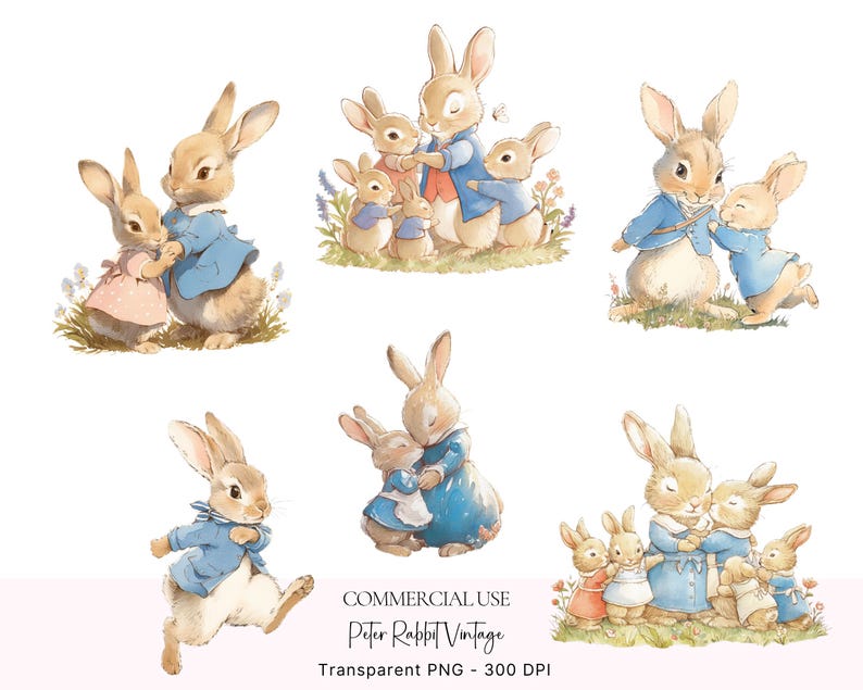 May include: A set of six digital illustrations featuring Peter Rabbit and friends. The illustrations are in a vintage style and feature the characters in various poses. The illustrations are perfect for use in scrapbooking, card making, and other craft projects.