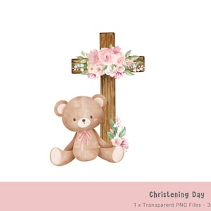 Rosa Blumenkreuz aus Holz & Teddybär PNG, Baby-Taufe, Baby-Taufe Sublimationsdesign, Teddybär, sofortiger digitaler Download