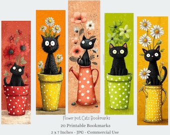 Flower Pot Cats Bookmarks, 20 Bookmarks - Digital Download - Colourful Bookmark Set