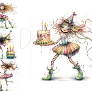 Quirky Girls Clip Art 16 High Res Watercolor JPGs Junk Journaling, Scrapbooking Card Making Digital Download, Birthday Party Celebration