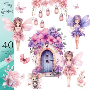 Clipart papillon, clipart jardin féerique, fleurs clipart, 40 fichiers PNG fond transparent, clipart fées, fées PNG, papillons PNG