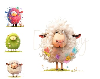 Quirky Sheep Clipart 16 High Res Watercolour JPGS Junk Journaling, Scrapbooking, Card Making Digital Download, Animal Clipart Funny Sheep