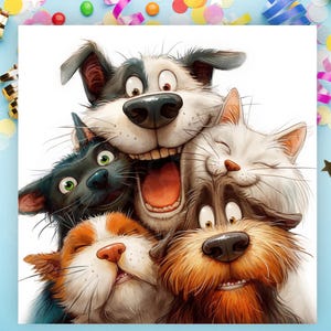 May include: A cheerful illustration of five pets: two dogs and three cats, all smiling and close together. The dogs have brown and black fur, while the cats are black, orange and white. The image is set against a blue background with colorful confetti.
