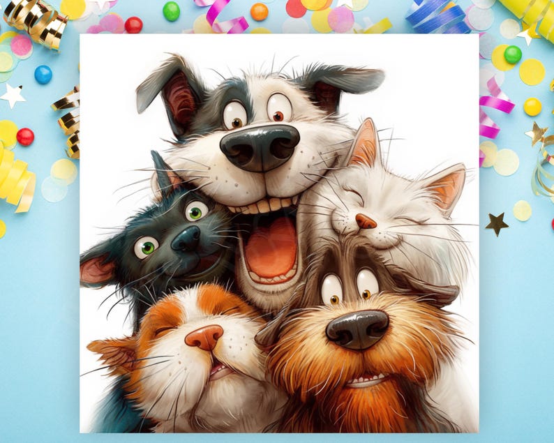 May include: A cheerful illustration of five pets: two dogs and three cats, all smiling and close together. The dogs have brown and black fur, while the cats are black, orange and white. The image is set against a blue background with colorful confetti.