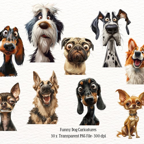 Funny Dog Caricatures Clipart Bundle- PNG Files- Digital Download