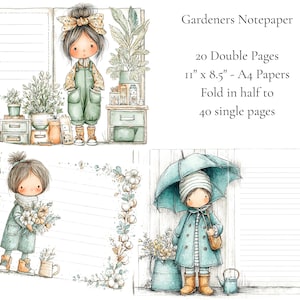 Può includere: Illustrazione ad acquerello di un taccuino da giardiniere. L'immagine presenta un design stravagante con una ragazza in tuta, circondata da piante e attrezzi da giardinaggio. Il taccuino ha 20 pagine doppie, 27,9 cm x 21,6 cm - fogli A4, piegabili in 40 pagine singole.