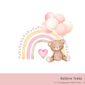 Globos rosados y arcoíris de osito de peluche PNG, clipart de osito de peluche, baby shower de osito, globos de osito de cumpleaños, niña, descarga digital instantánea