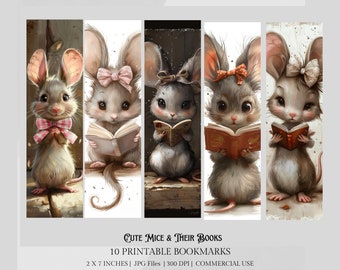 10 Mice Printable Bookmarks, Reading Bookmark Set, Cute Mice Bookmarks, Book Lovers Bookmarks, Cute Animals Bookmarks, Cute Mice Fussy Cuts
