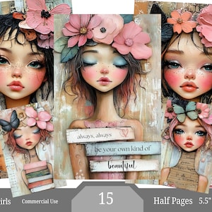 Pagine di diario di Whimsical Girls Junk, Ephemera stravagante, Kit collage, Ragazze stravaganti, Carte digitali per ragazze, Fogli stampabili, Donne con tecniche miste
