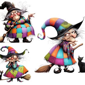 Quirky Witch Clip Art Bundle 11 High Res Watercolour JPGs Junk Journal, Scrapbook Crafts, Digital Download, Halloween, Witches Spooky Season