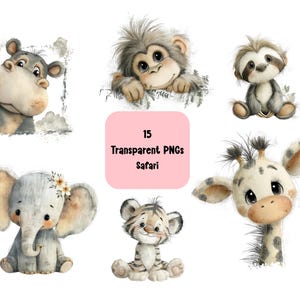 Akwarela Safari Zwierzęta Clipart 15 Hi Res Przezroczyste PNG Słodkie Zwierzęta Baby Shower, Safari Dziecięca Karta Tworzenie Tropikalne Zwierzęta Ephemera