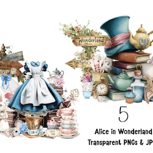 Alice no País das Maravilhas, Clipart de Festa do Chá Maluco, Clipart de aquarela para impressão, 5 PNGs de alta qualidade, Download digital, Artesanato em papel, Diário de sucata
