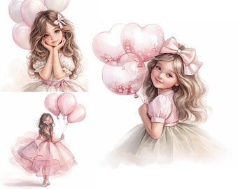 Birthday Girls Clip Art 12 High Res Watercolour JPGs Junk Journaling Scrapbooking Card Making Digital Download, Cute Girls Clipart Balloons