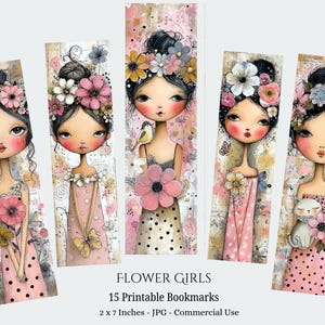 Pode incluir: Conjunto de cinco marcadores de livros imprimíveis com ilustrações de meninas adornadas com flores. Cada marcador de livros mede 5,08 cm x 17,78 cm e apresenta um design único com detalhes florais e uma paleta de cores suaves. O texto "FLOWER GIRLS" também é visível.