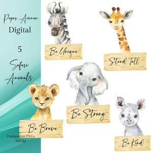 5 x PNG Animales de safari en la jungla tropical, invitación para baby shower de sublimación para niños, decoración de cumpleaños en la jungla, animales para bebés, adorno para tarta, arte de pared