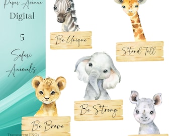 5 imagens PNG de animais da selva tropical para safári, clipart para convite de chá de bebê por sublimação, decoração de aniversário com tema de selva, topper de bolo com animais para bebês e arte de parede.