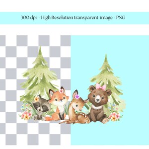 Peut inclure: Illustration aquarelle d'un raton laveur, d'un renard, d'un cerf et d'un ours portant des fleurs et assis devant un pin vert.