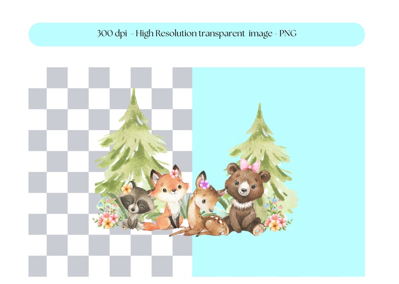 Peut inclure: Illustration aquarelle d'un raton laveur, d'un renard, d'un cerf et d'un ours portant des fleurs et assis devant un pin vert.