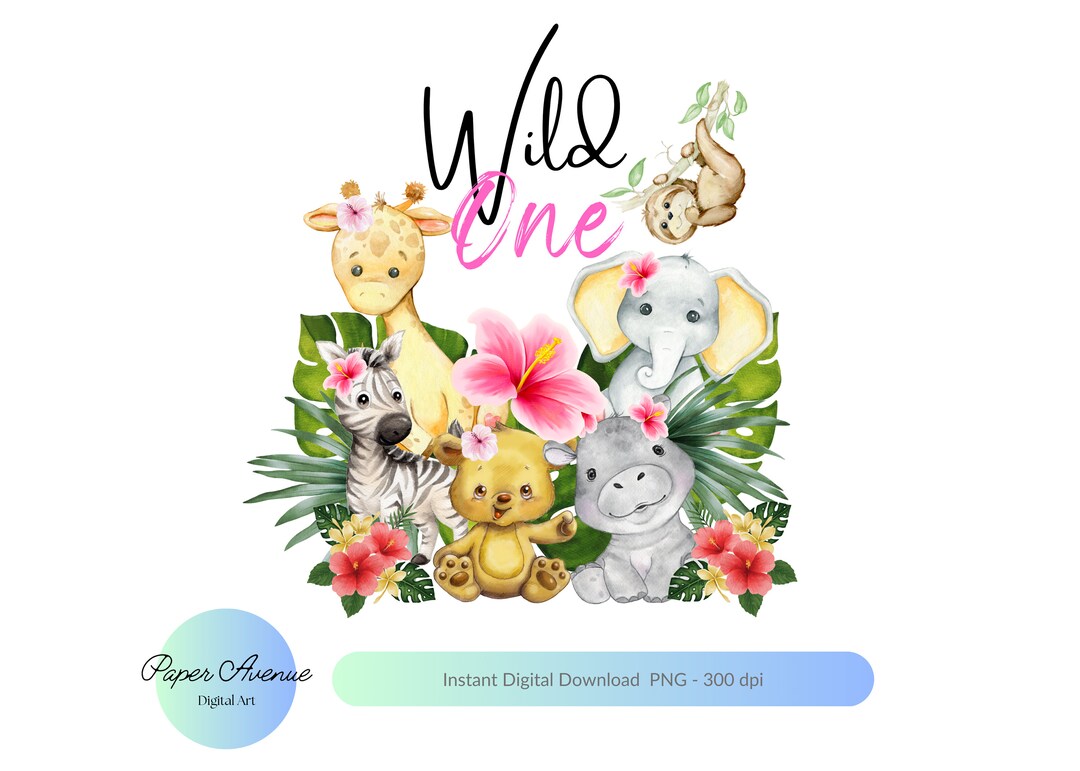 Wild One Baby Safari Animals PNG, Watercolour Baby Animals Girls T ...