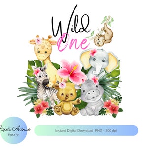 Wild One Baby Safari Animals PNG, Watercolour Baby Animals Girls T Shirt Sublimation Design, Birthday Card image, Digital Download PNG